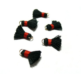 PAX 10 MINI pompons breloque passementière avec  anneau 18mm Noir et fil Rouge PS11101843