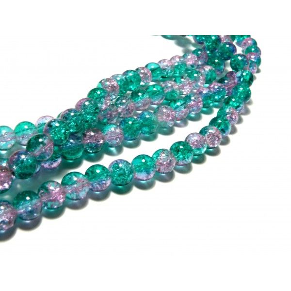 1 fil environ d'environ 100 perles de verre craquelé Bicolore Vert Rose 8mm  ref 002 couleur 06