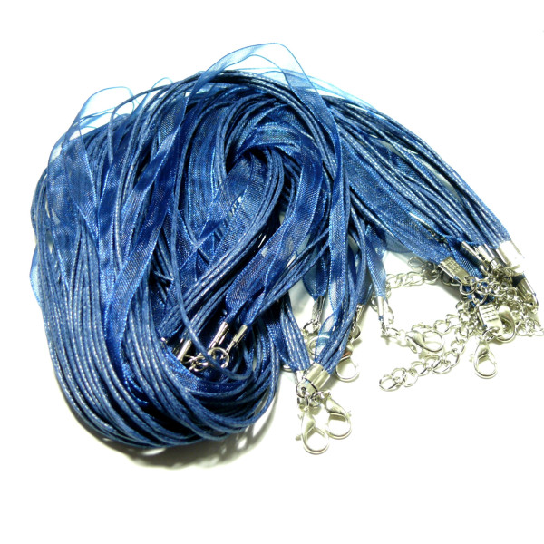 Colliers Organza et Corde 4 rangées Bleu – Fermoir Mousqueton et Chaînette d’Extension