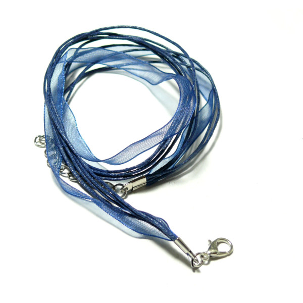 Colliers Organza et Corde 4 rangées Bleu – Fermoir Mousqueton et Chaînette d’Extension