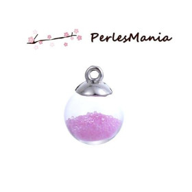 PAX 10 Pendentifs GLOBES BULLES en Verre Caviar Rose socle Argent  PS11102449