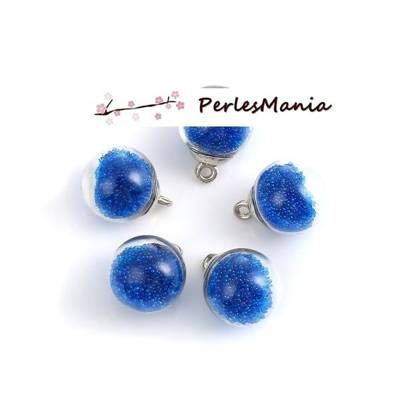 Pendentifs GLOBES BULLES en Verre Caviar Bleu socle Argent  PS11102448