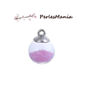 PAX 10 Pendentifs GLOBES BULLES en Verre Bille Rose  socle Argent  PS11102444