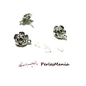 Puce d'oreilles Fleur Argent Platine avec anneau attache et embouts