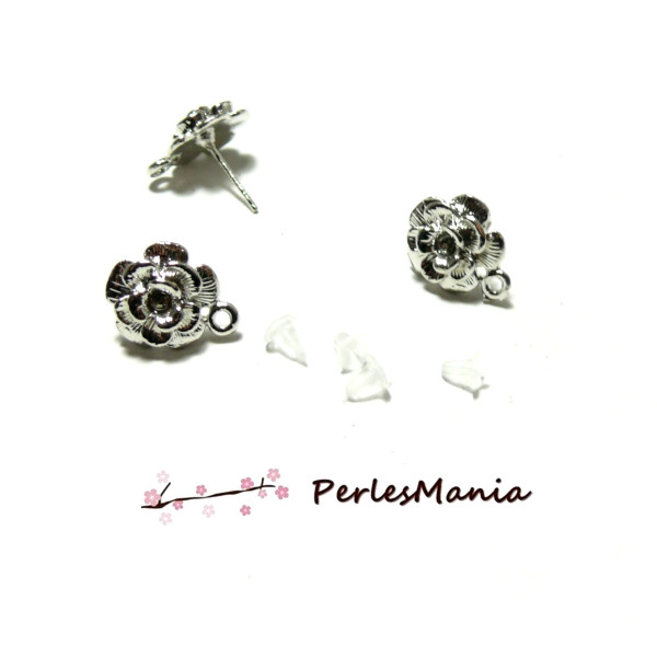 Puce d'oreilles Fleur Argent Platine avec anneau attache et embouts