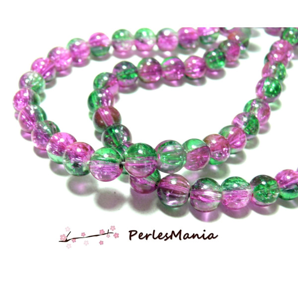 Perles de verre craquelé bicolore rose et vert 10mm