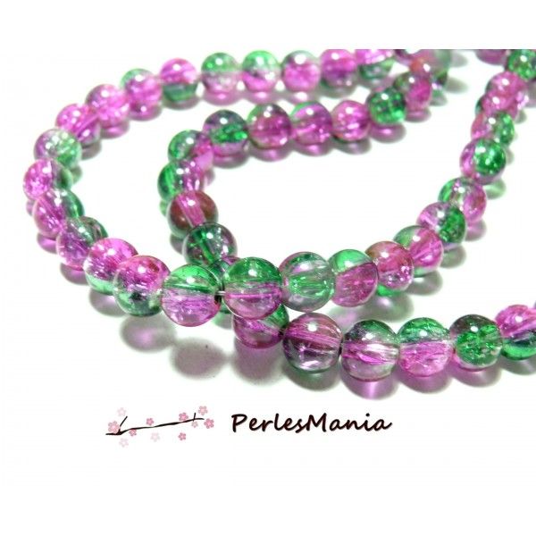Offre spéciale: 1 fil environ 100 perles de verre craquelé bicolore rose et vert 8mm A49 