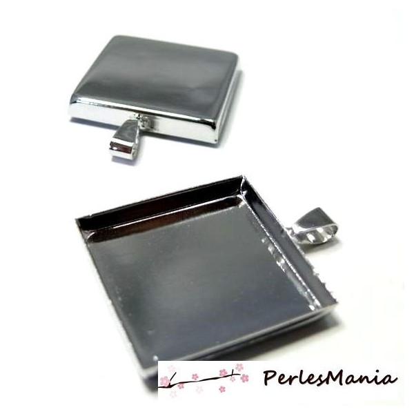 10 Supports de pendentif CARRE en 20mm bord épais attache triangle Argent Platine 