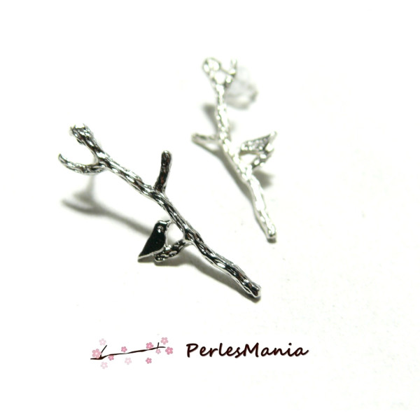 Boucle d'oreille Puce  l'oiseau sur Branche Argent Platine