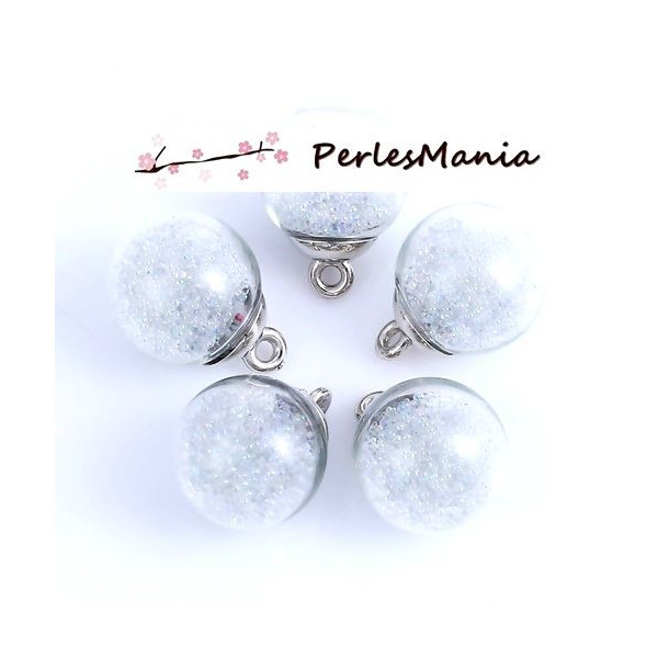 Pendentifs, Globes Bulles en Verre Caviar Blanc socle Argent