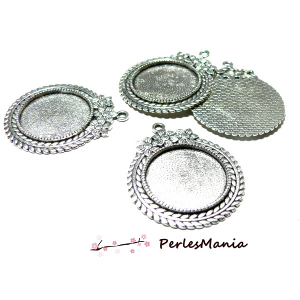 Supports de pendentif, rond 25mm Multi Fleurs, laiton couleur Argent Antique