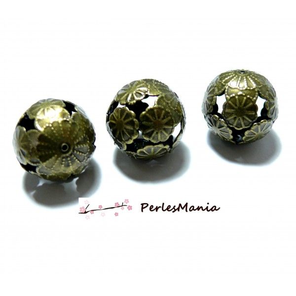 Pendentifs Perles Rondes intercalaire fleur metal couleur Bronze 23mm