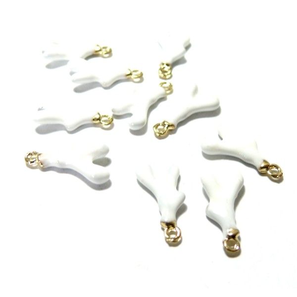 S110112637 PAX 10 breloque pendentifs Corail 18mm résine style emaille Blanc sur base dorée