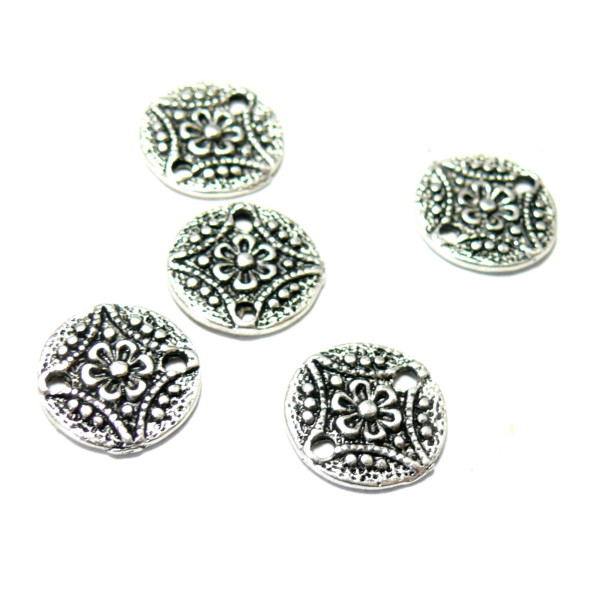 Pendentifs Connecteurs Médaillon Fleurs 11mm – Métal Argent Antique