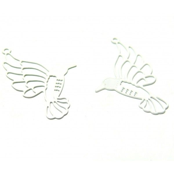 AE112334 Lot de 4 Estampes pendentif  filigrane Grand colibri oiseau du paradis Blanc 21mm