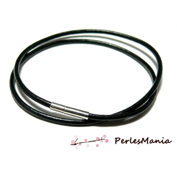 Colliers cuir véritable noir 3mm avec fermoir tube