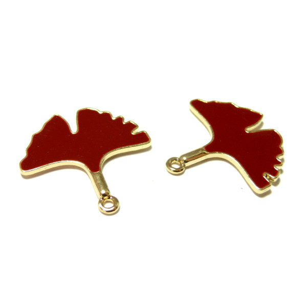 S11129126 PAX 5 Feuilles de Gingko 30mm résine emaillées couleur Vert Métal Doré