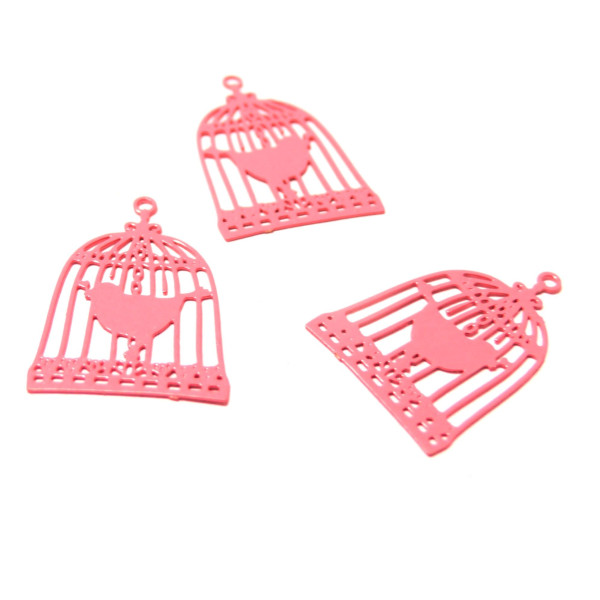 Estampes pendentif  filigrane Cage et Oiseau couleur Rose Bonbon 23 par 15mm