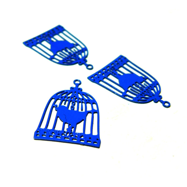 Estampes pendentif  filigrane Cage et Oiseau couleur Bleu Roi 23 par 15mm