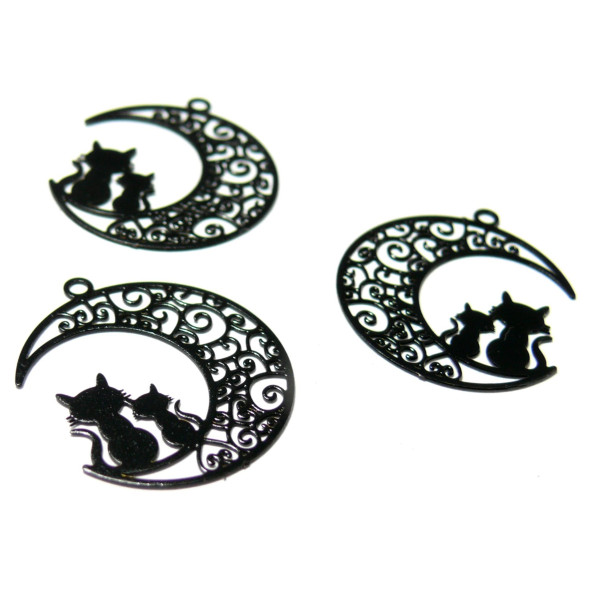 Estampes pendentif filigrane Chats et Lune Noir 20 par 25mm