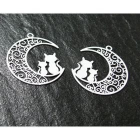 Estampes Pendentif Filigrane Chats et Lune Blanc 20x25mm