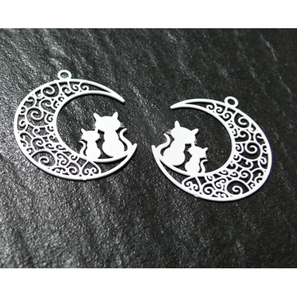 Estampes Pendentif Filigrane Chats et Lune Blanc 20x25mm