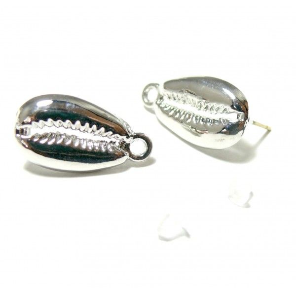 Supports de Boucle d'oreille Puce Coquillage Cauri couleur Argent Platine avec embouts poussoirs