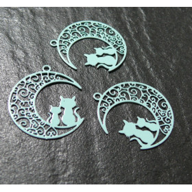 AE116189 Lot de 4 Estampes pendentif filigrane Chats et Lune Vert pastel 20 par 25mm