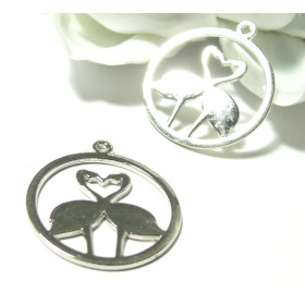 PS110111278 PAX 15 pendentifs breloque FLAMANT Rose dans medaillon 30mm metal couleur Argent Platine