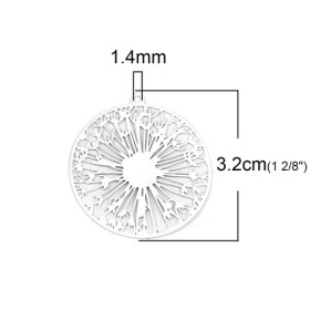 PS110200118 PAX 4 Estampes pendentif Pissenlit dans Cercle 32mm métal couleur Argent Platine