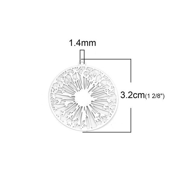 PS110200118 PAX 4 Estampes pendentif Pissenlit dans Cercle 32mm métal couleur Argent Platine