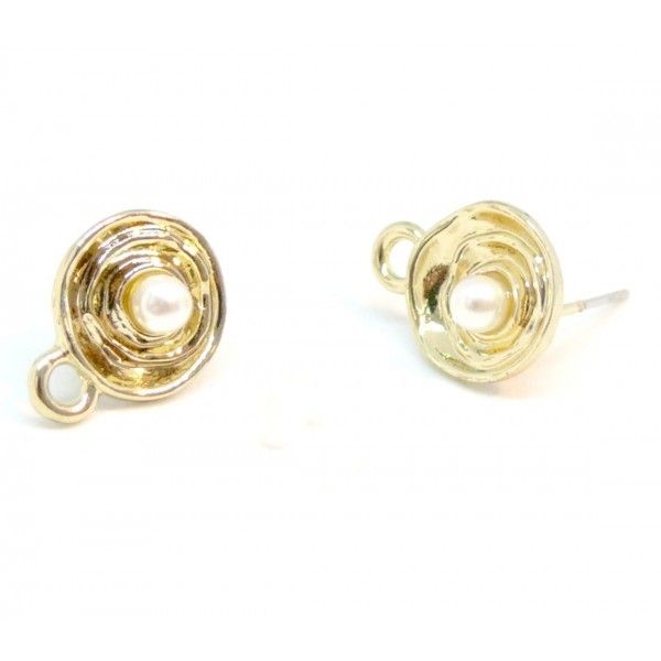 supports Boucle d'oreille Puce ronde 3D avec perles metal couleur Doré avec attache et embouts poussoirs