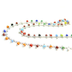 50 cm Chaine Laiton ARGENT PLATINE et perles de verre, rocaille Multicolore 2,5mm ref 39
