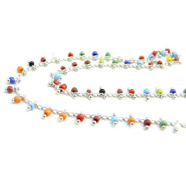 50 cm Chaine Laiton ARGENT PLATINE et perles de verre, rocaille Multicolore 2,5mm ref 39