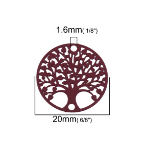 Estampes pendentif connecteur filigrane Medaillon Arbre à coeur Rouge Bordeaux de 20mm