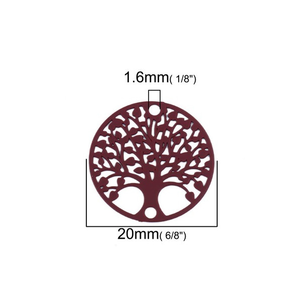Estampes pendentif connecteur filigrane Medaillon Arbre à coeur Rouge Bordeaux de 20mm
