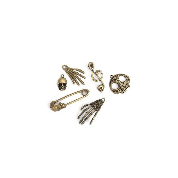 S11201261 Set de 6 pieces pendentifs breloque tête de mort, crane, squelette, halloween metal couleur BRONZE