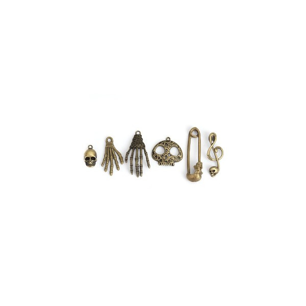 S11201261 Set de 6 pieces pendentifs breloque tête de mort, crane, squelette, halloween metal couleur BRONZE