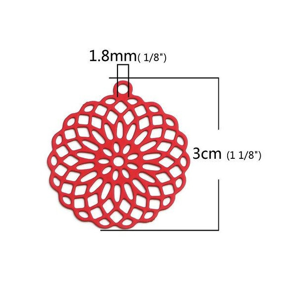 Estampes pendentif connecteur filigrane Rosace Mandala Rouge 30mm