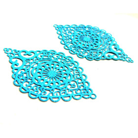 S110143651 PAX 4 Estampes pendentif connecteur filigrane Ovale Travaillé Bleu Turquoise Pailleté 58mm