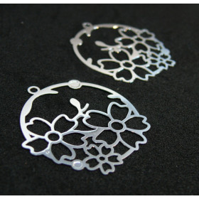 AE115442 PAX de 4 Estampes pendentif filigrane Bouquet de fleur 30mm métal couleur Argent Vif