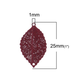 S110204947 PAX 10 Estampes pendentif multiconnecteur filigrane Feuille couleur Rouge Vin de 25mm