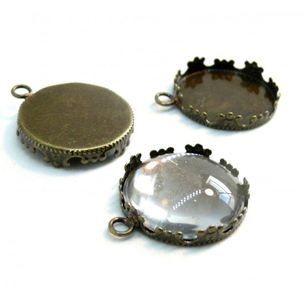 BN1134588  20 pièces PAX 10 Supports de pendentif couronne rond 20mm laiton couleur Bronze et 10 cabochons