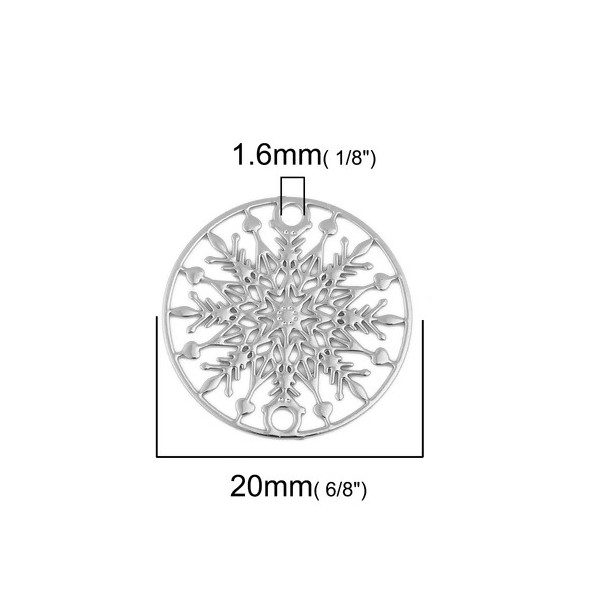 Estampes, pendentif connecteur filigrane, Medaillon Flocon de Neige 20mm, métal finition Argent Platine