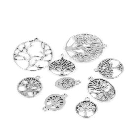 101112160323 PAX 5 pendentifs breloque Arbre dans cercle 40mm métal couleur Argent Antique