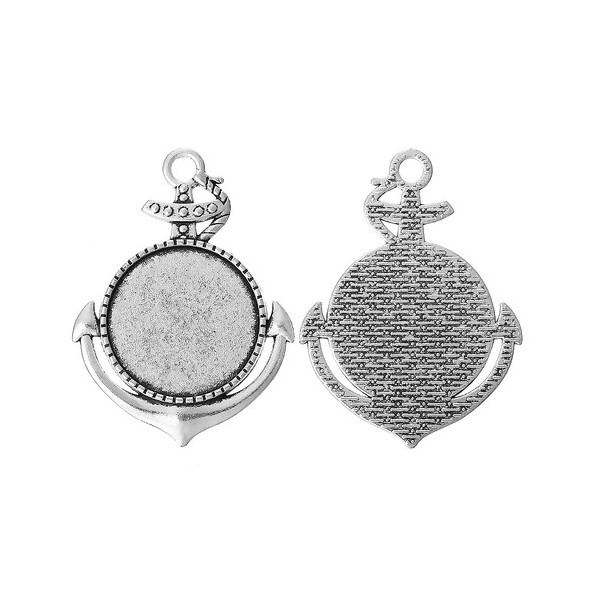 Lot de 2 ou de 10 supports de pendentif Arty forme ancre marine – Pour cabochon 25 mm – Laiton couleur argent antique