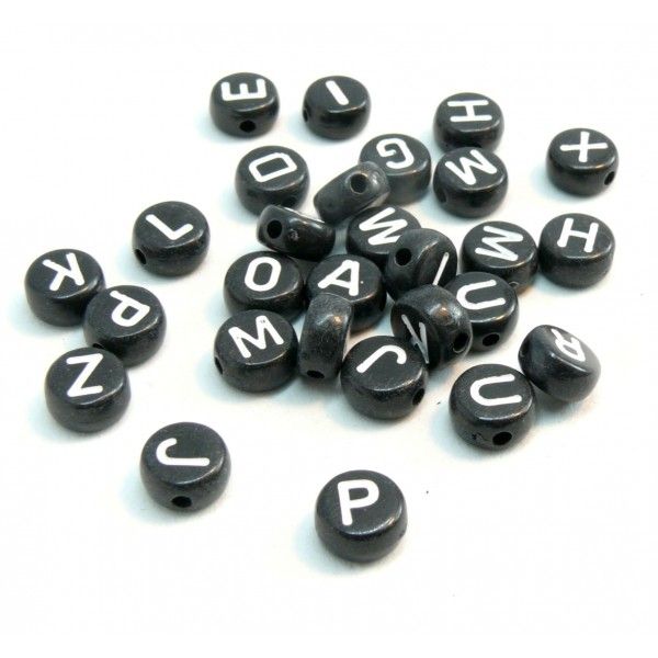 PS1117939 PAX 250 pendentifs Perles intercalaire passants Ronde Plates Alphabet Acryliques 7mm couleur Noir