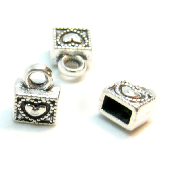 Embouts rectangle et coeur , coupelles pour cordon lanieres métal couleur Argent Antique