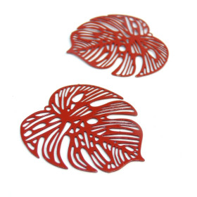 AE115106  PAX de 2 Estampes connecteur filigrane Feuille Montsera 32mm Moutarde