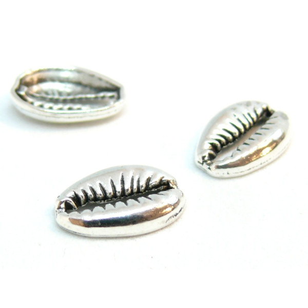 Passants Slides Coquillage Grain de café Cauri 14mm métal couleur Argent Antique